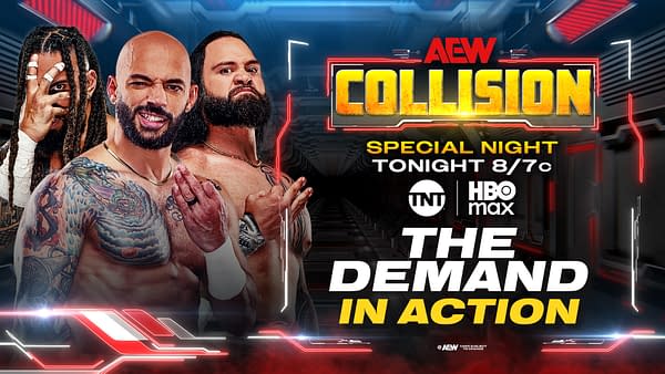 AEW Collision promotional graphic with three wrestlers posing on the left and bold event text on the right. It advertises a special Thursday night episode of Collision, streaming on TNT and HBO Max.