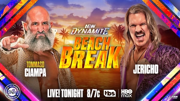AEW Dynamite Beach Break promo poster featuring Tommaso Ciampa and Chris Jericho facing off at sunset. The graphic advertises a live Beach Break special tonight on TBS and HBO Max.