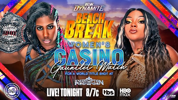 AEW Dynamite Beach Break promotional graphic for a women's Casino Gauntlet Match, featuring two wrestlers facing off with a championship belt on the left and event logos over a sunset beach background.