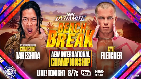 AEW Dynamite Beach Break promotional graphic featuring Konosuke Takeshita and Kyle Fletcher facing off for the AEW International Championship.