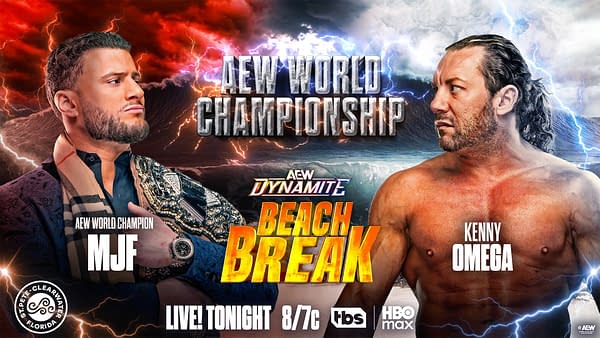 AEW Dynamite Beach Break promotional graphic showing MJF and Kenny Omega facing off with lightning and storm clouds behind the words