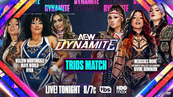 AEW Dynamite promotional graphic for a women's trios match, featuring Willow Nightingale, Maya World, Hyan, Mercedes Moné, and the Divine Dominion team. The poster highlights the matchup and live broadcast time.