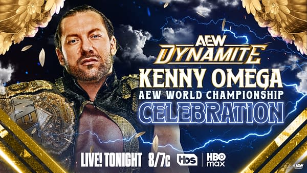 AEW Dynamite promotional graphic featuring Kenny Omega wearing the AEW World Championship belt, with lightning and gold accents around the text