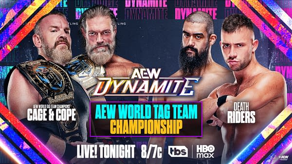 AEW Dynamite promotional graphic for the AEW World Tag Team Championship, showing Cage & Copeland on the left and Death Riders on the right.