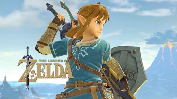 Link from The Legend of Zelda stands ready with sword and shield against a bright sky. The game logo appears in the lower left.