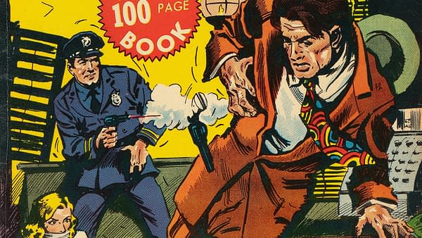 Vintage comic-style cover art for All-True Detective Cases Giant, showing a detective aiming a gun at a tense man in a brown suit. Bright yellow background and a red burst reading
