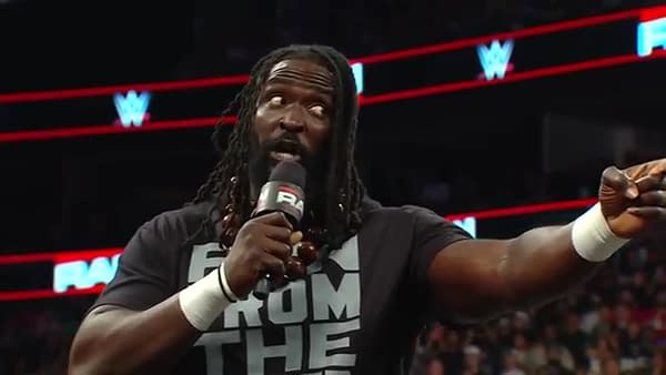 Oba Femi addresses the crowd on WWE Raw