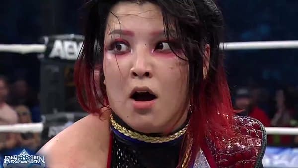 Hikaru Shida reacts to Maya World defeating her for the TBS Championship at AEW Redemption