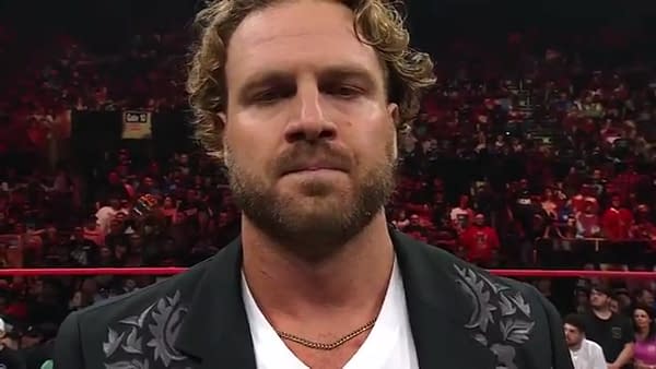 Close-up of Hangman Adam Page standing in the ring during a promo on AEW Collision