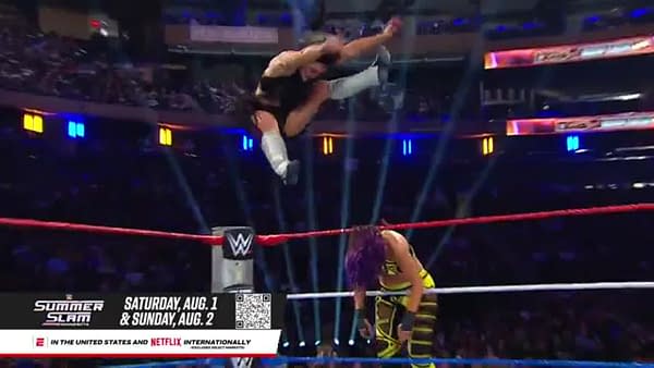 Lyra Valkyrie hits a top-rope move on Bayley at WWE SaturdayNight's Main Event