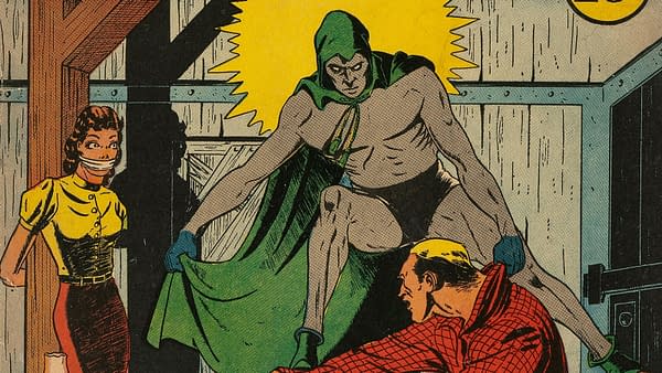 Vintage comic book art showing the Spectre-like figure Wrath crouching dramatically in a room, with two startled people nearby. The yellow burst behind him emphasizes the action scene.