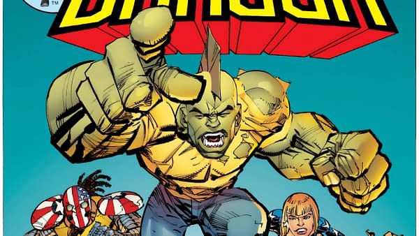 Comic book illustration from Savage Dragon featuring a large yellow-green armored figure lunging forward with an angry expression. Smaller characters appear below against a teal background.