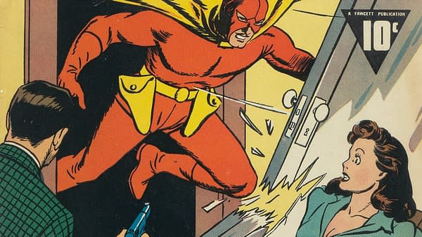 Vintage comic book cover art from Wow Comics #1 shows a red-suited hero bursting through a door as startled onlookers react. The cover includes a 10-cent Fawcett publication price mark.