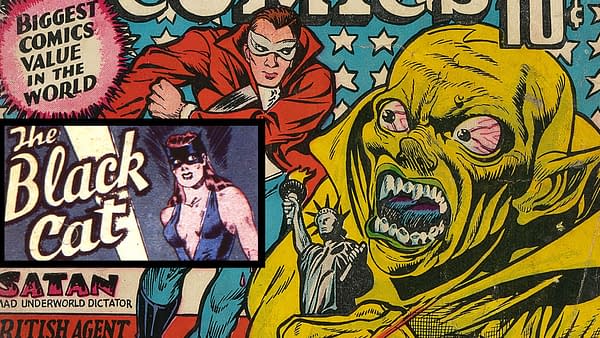 Vintage comic-book cover art featuring the Golden Age Black Cat and other dramatic superhero figures, highlighted in a close-up collage. The title of the post suggests this issue is being discussed as an auction item.