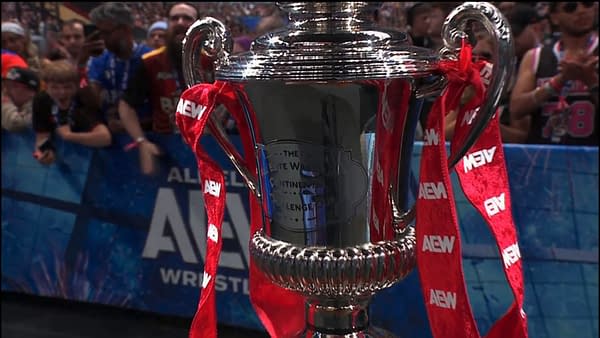 The Continental Cup trophy sits on display at AEW All In London, with red AEW ribbons hanging from its handles. A blurred crowd fills the background.
