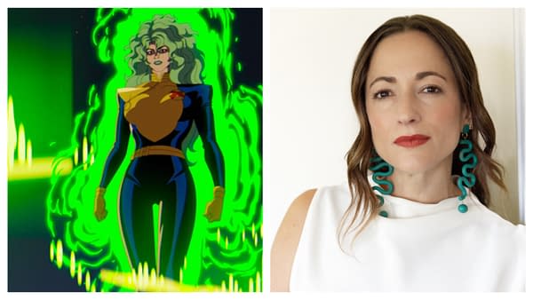 Split image showing Polaris from X-Men '97 glowing with bright green energy on the left and voice actor Carolina Ravassa in a portrait on the right.