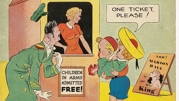 Funny Pages V2#7 (Centaur, 1938) Bob Wood cover crop showing a child carrying another child to claim free theater admission.