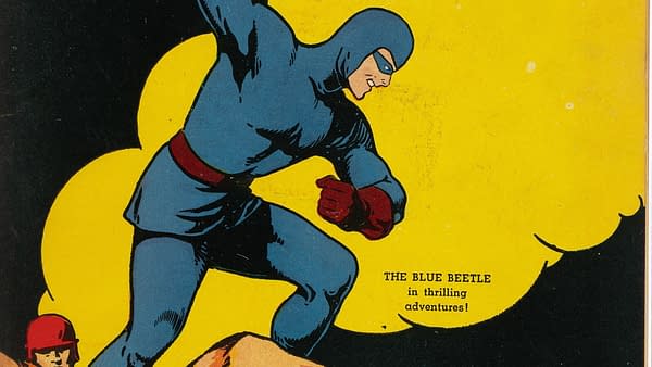 Mystery Men Comics #21 (Fox, 1941) cover crop showing the Blue Beetle leaping through an explosion.
