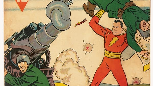 Whiz Comics #3 (#2) (Fawcett, 1940) C. C. Beck cover crop showing Captain Marvel hurling soldiers beside an artillery piece.