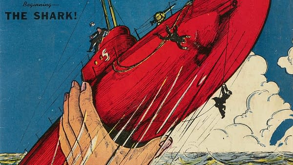 Amazing-Man Comics #6 (Centaur, 1939) featured image from the Bill Everett cover. The Shark attacks an ocean liner at sea