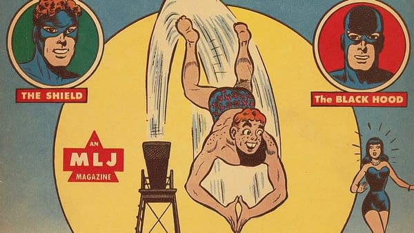 Pep Comics #50 (MLJ, 1944) featured image from the Harry Sahle cover. Archie performs a high dive beneath portraits of the Shield and Black Hood
