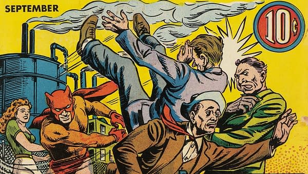 Cat-Man Comics #4 (Helnit, 1941) featured image from the Charles Quinlan cover. Cat-Man breaks up an industrial sabotage operation