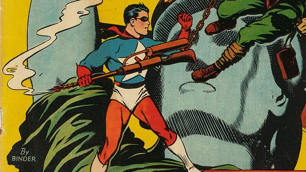 Prize Comics #22 (Prize, 1942) featured image by Jack Binder. Black Owl fights a masked attacker with a spear on a cliff