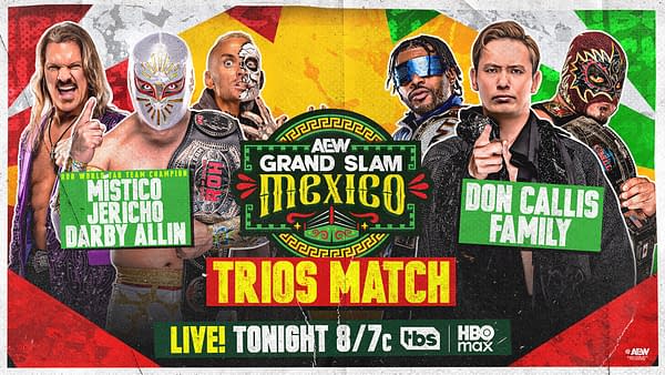 AEW Grand Slam: Mexico graphic for Jericho, Darby Allin, and Místico vs. the Don Callis Family trio of Kevin Knight, Kazuchika Okada, and Hechicero.