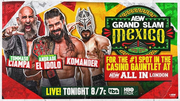 AEW Grand Slam: Mexico graphic for Tommaso Ciampa vs. Andrade El Ídolo vs. Komander for the number one spot in the Casino Gauntlet at AEW All In: London.