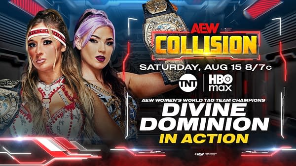 AEW Collision graphic announcing AEW Women's World Tag Team Champions Divine Dominion in action on August 15.