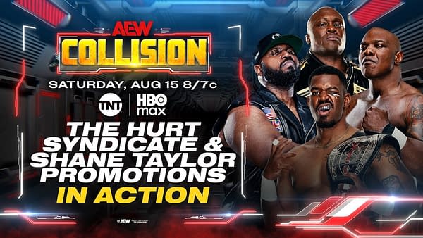 AEW Collision graphic announcing The Hurt Syndicate and Shane Taylor Promotions in action on August 15.