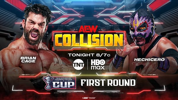 AEW Collision graphic for the Continental Challenge Cup first round match between Brian Cage and CMLL World Heavyweight Champion Hechicero.
