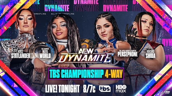 AEW Dynamite graphic for the TBS Championship 4-Way Match with TBS Champion Maya World defending against Kris Statlander, CMLL World Women's Champion Persephone, and Hikaru Shida.