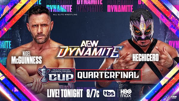 AEW Dynamite graphic for an AEW Continental Challenge Cup Quarterfinal featuring Nigel McGuinness vs. Hechicero.