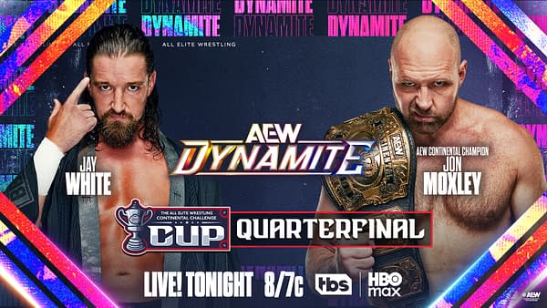 AEW Dynamite graphic for an AEW Continental Challenge Cup Quarterfinal featuring Jay White vs. AEW Continental Champion Jon Moxley.