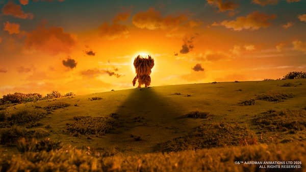 The Beast from Shaun the Sheep walks down a grassy hill, silhouetted against a bright setting sun.