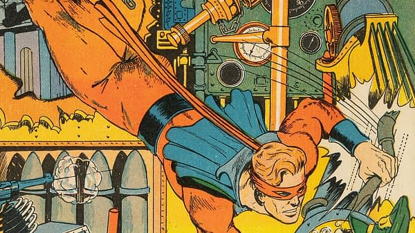Jumbo Comics #14 (Fiction House, 1940) featured cover detail. Lightning dives headfirst past machinery and gunfire, wearing an orange suit, red mask and blue cape.