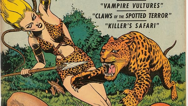 Sheena, Queen of the Jungle #2 (Fiction House, 1942) featured cover detail by Dan Zolnerowich. Sheena holds a knife beside a lunging leopard.