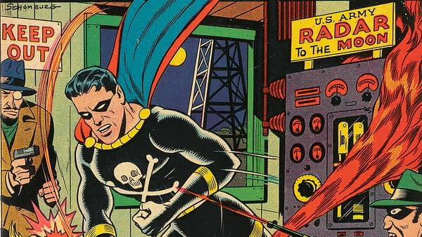 The Black Terror #15 (Nedor Publications, 1946) featured cover detail by Alex Schomburg. Black Terror fights beside instruments and a sign reading U.S. Army Radar to the Moon.