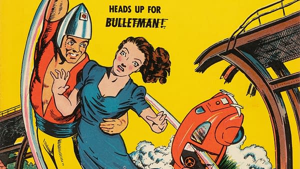 Nickel Comics #3 (Fawcett, 1940) featured cover detail by Jack Binder. Bulletman carries a woman beside a broken railway bridge as a red train falls toward the water.