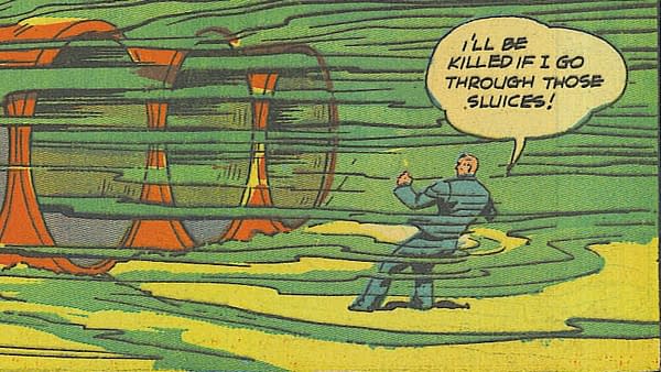 Whirlwind Comics #3 (Nita, 1940) featured interior detail. Smash Dawson struggles underwater beside the dam sluices, warning that the current will carry him through them.