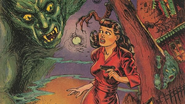 Ghost Comics #1 (Fiction House, 1951) cover detail by Maurice Whitman. A woman in a red dress holds a pistol beside a looming green apparition and a smaller spectral face.
