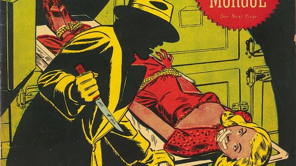 Manhunt #6 (Magazine Enterprises, 1948) featured cover detail by Ogden Whitney. A knife-wielding man looms over a bound woman in an open morgue drawer.