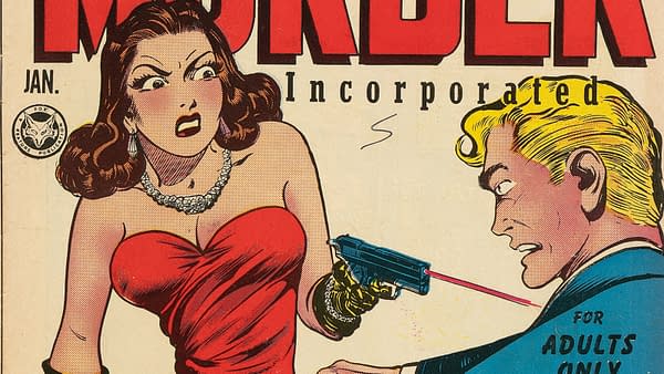 Murder Incorporated #1 (Fox, 1948) featured cover detail by John Forte. A woman in a red dress fires a handgun at a man.