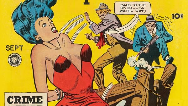 Murder Incorporated #5 (Fox, 1948) featured cover detail. A bound woman in a red dress recoils beside two men on a pier, one firing a gun.