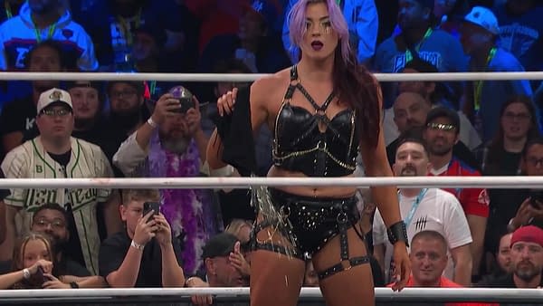 Lena Kross dumps thumbtacks in the ring during a Chicago Street Fight pitting the Brawling Birds against Divine Dominion at AEW All Out