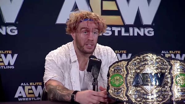 Will Ospreay speaks during the All Out post-show media scrum