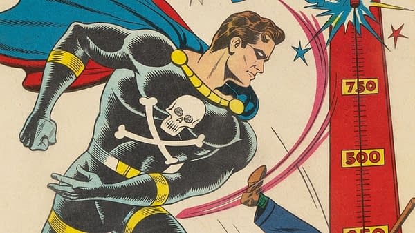 Vintage comic book cover art for Black Terror #16 showing the Black Terror in a dramatic action pose beside a red rocket or meter graphic. The cropped close-up emphasizes the superhero's black costume, skull emblem, and flowing cape.