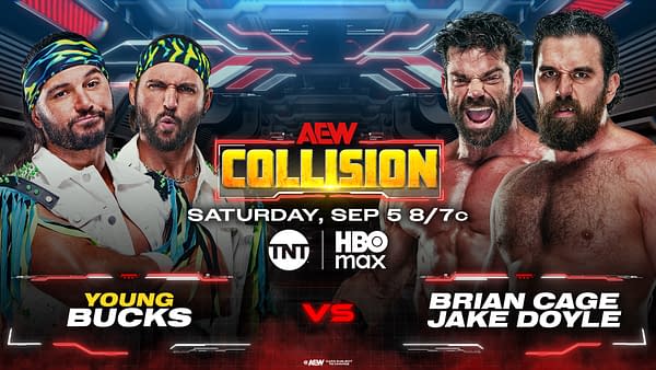 AEW Collision graphic for the Young Bucks versus Brian Cage and Jake Doyle.