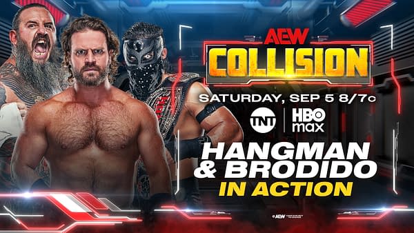 AEW Collision graphic announcing Hangman and Brodido in action, referring to Adam Page, Bandido, and Brody King.